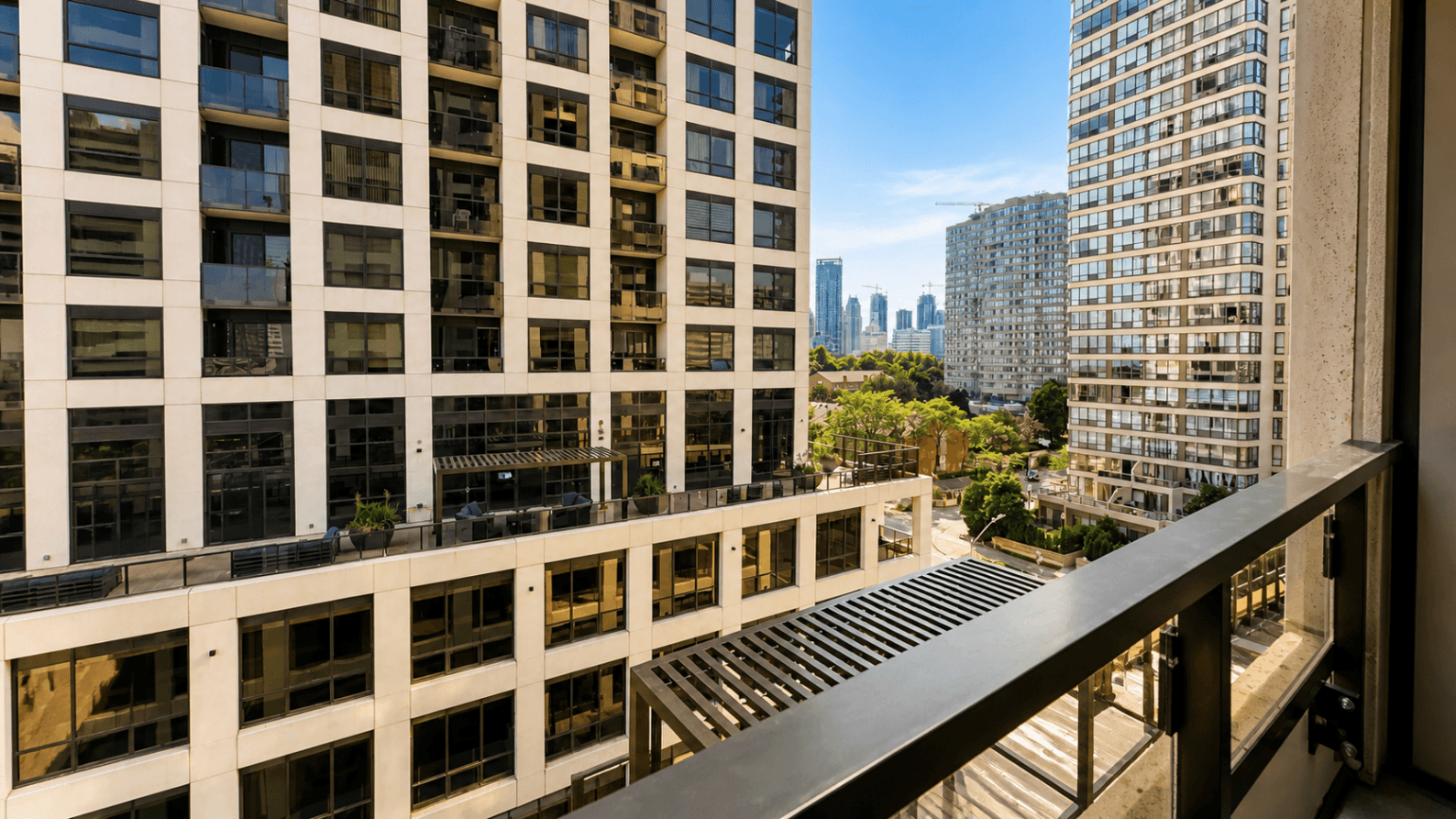 View from the Balcony at 30 Elm Dr E Unit 1901, Mississauga, ON – Condo Apartment, a 1 bedroom rental in 30 Elm Dr W, Mississauga, ON, listed for $1,200 per month